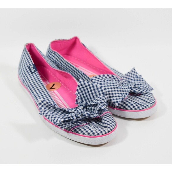 Keds Shoes - Keds Blue White Gingham Check Bow Slip On Tennis Shoes Sz 7